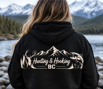 Black hoodie mockup with the Hunting and Hooking BC logo on the back