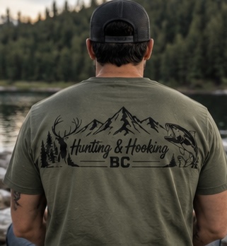 Olive green T-shirt mockup with the Hunting and Hooking BC logo on the back