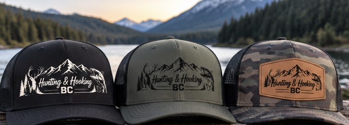 Black, olive, and camouflage Hunting and Hooking BC hat mockups