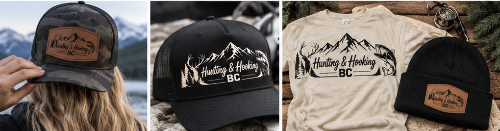 Hunting and Hooking BC mockups featuring hats, a cream T-shirt, and a black beanie